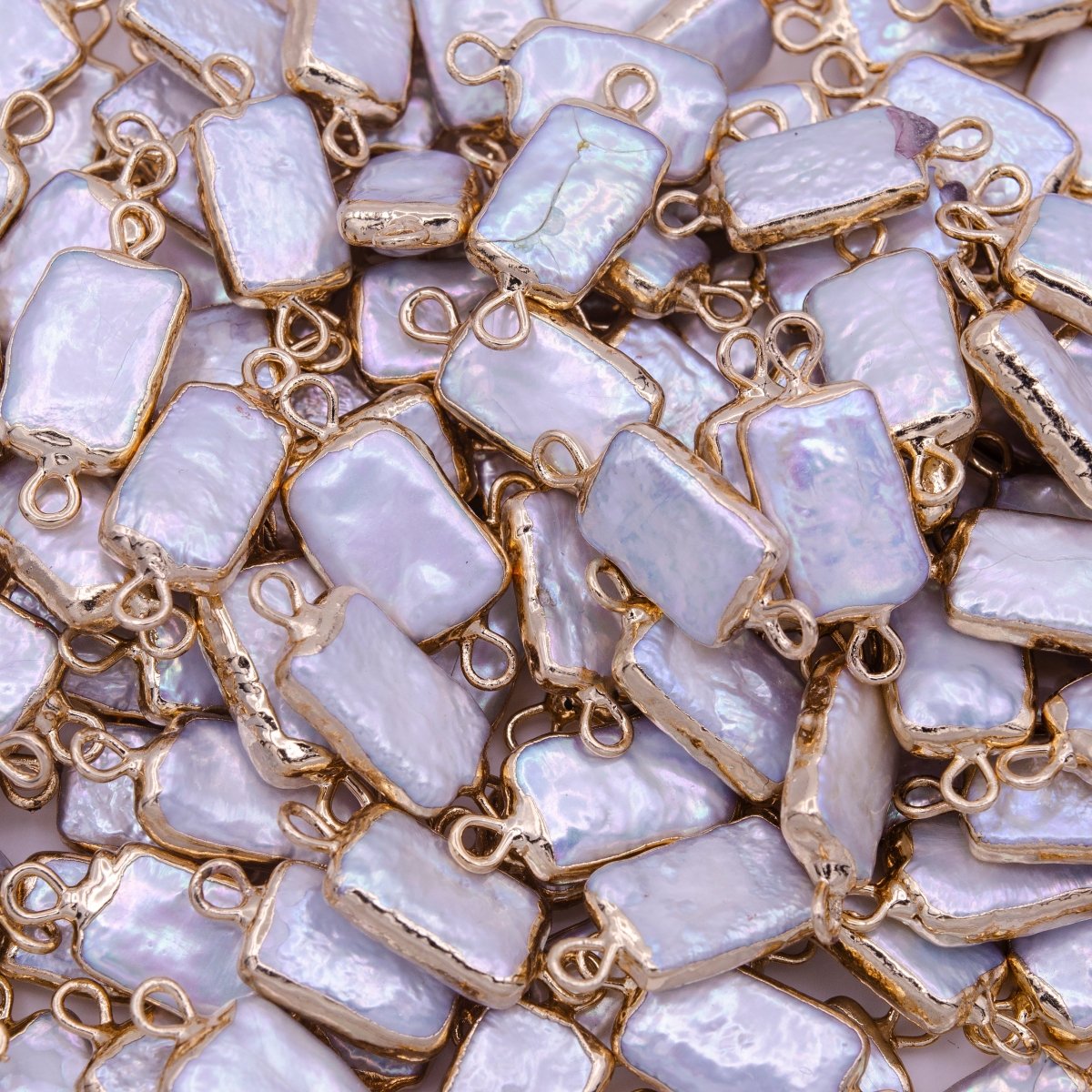 20mm Rectangular Gold Coated White Freshwater Pearl Connector | P-1849 - DLUXCA