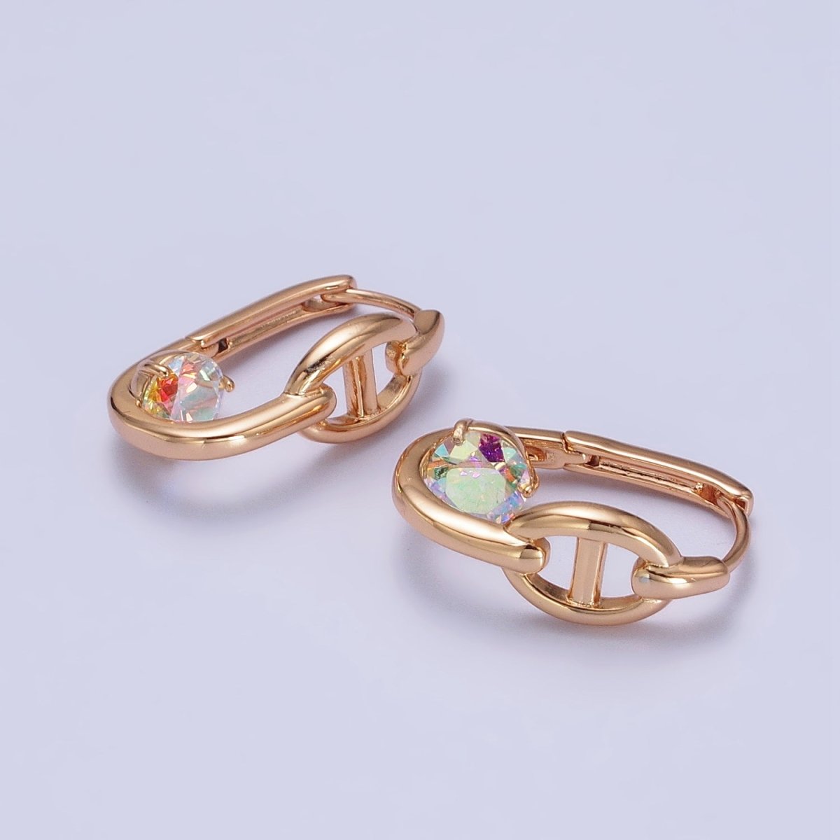 21mm Anchor Chain Link Clear CZ, Iridescent AB Round Oblong Earrings | AB251 AB252