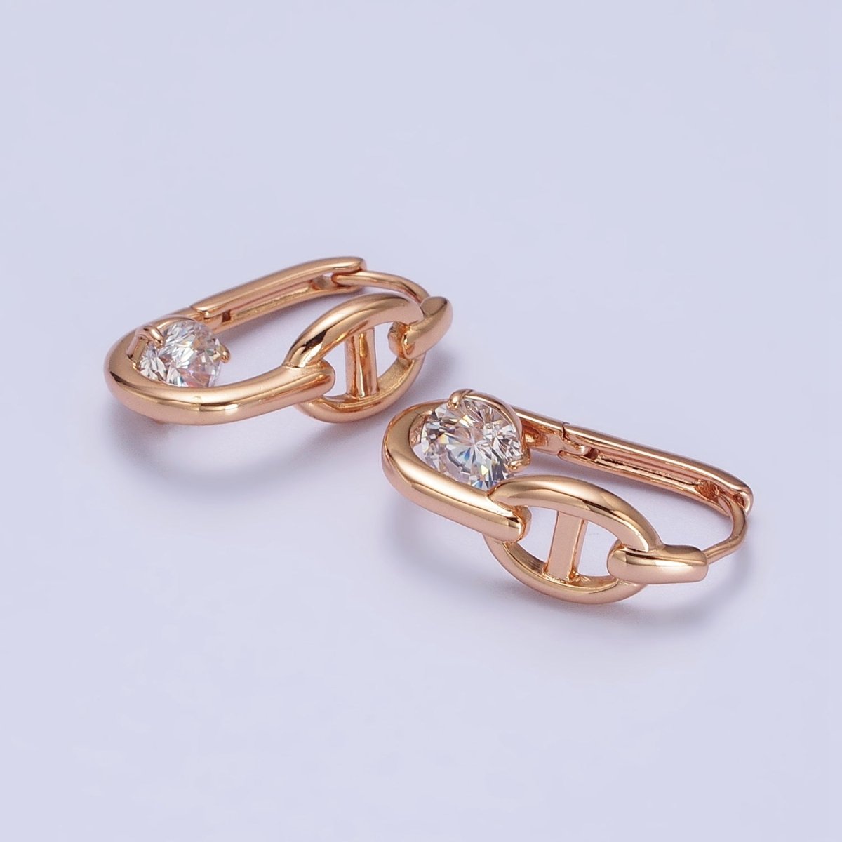 21mm Anchor Chain Link Clear CZ, Iridescent AB Round Oblong Earrings | AB251 AB252