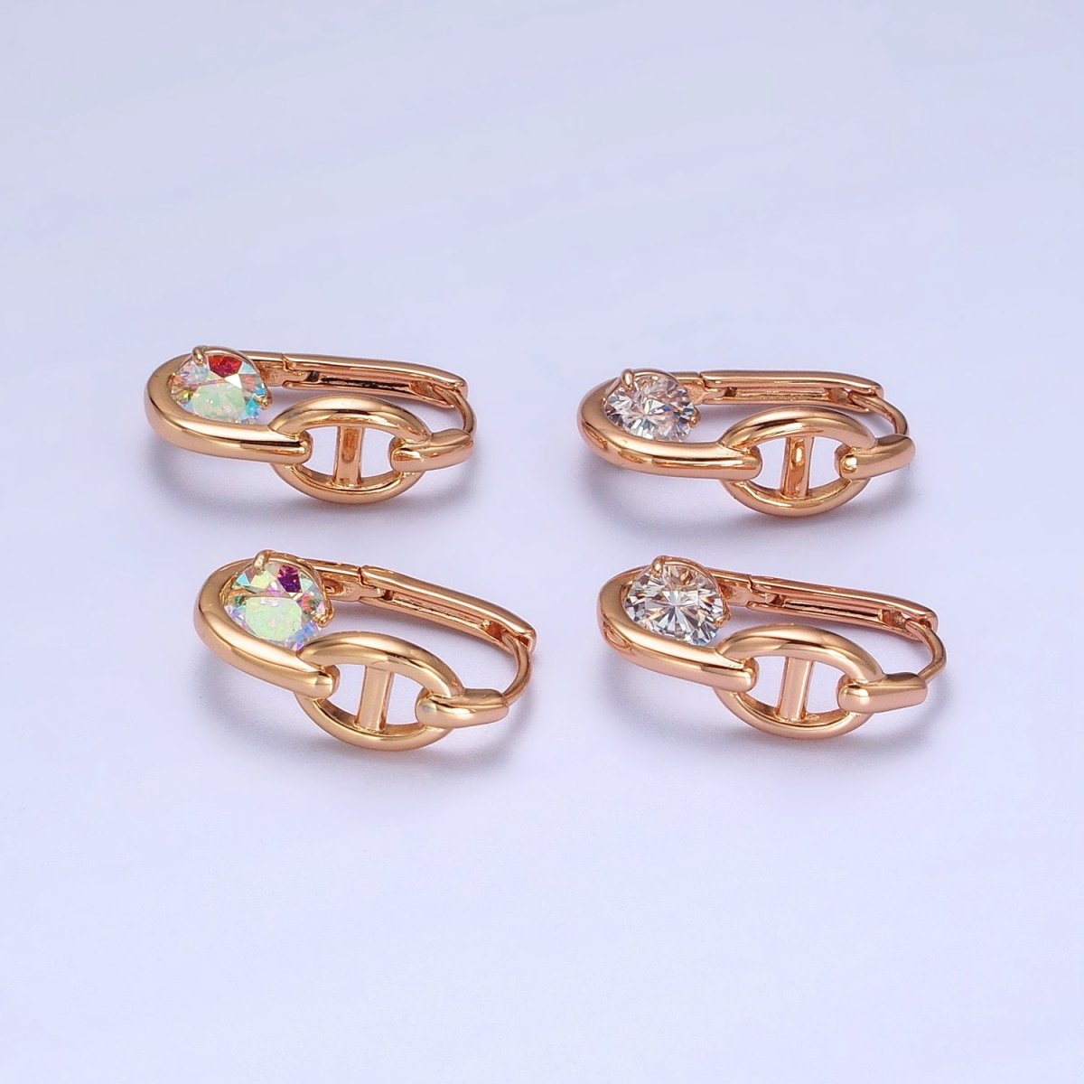 21mm Anchor Chain Link Clear CZ, Iridescent AB Round Oblong Earrings | AB251 AB252