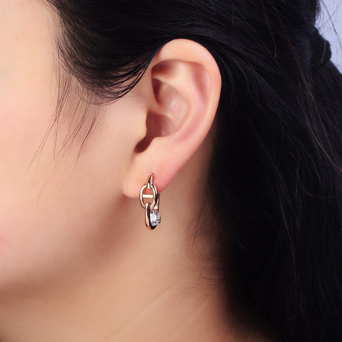 21mm Anchor Chain Link Clear CZ, Iridescent AB Round Oblong Earrings | AB251 AB252