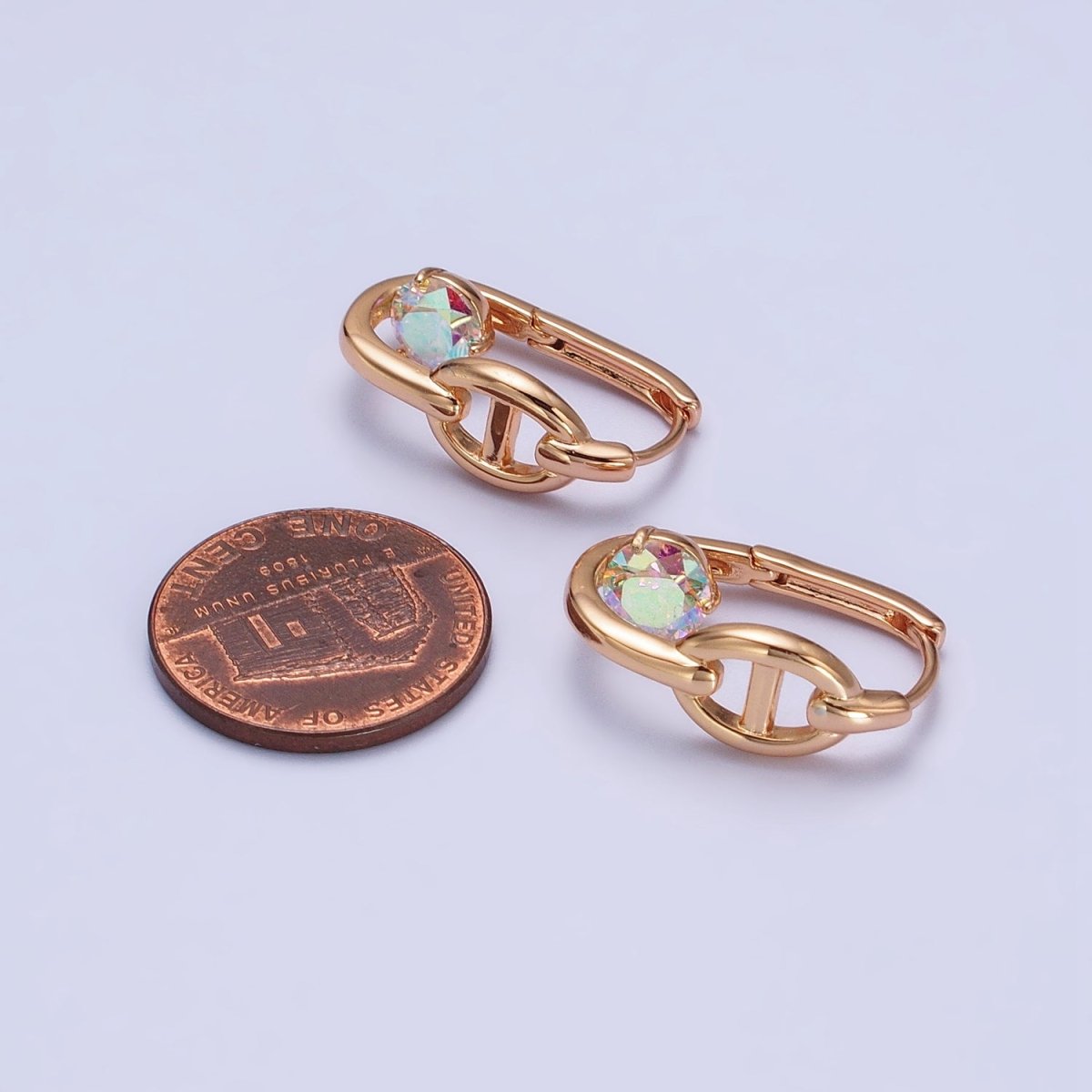 21mm Anchor Chain Link Clear CZ, Iridescent AB Round Oblong Earrings | AB251 AB252