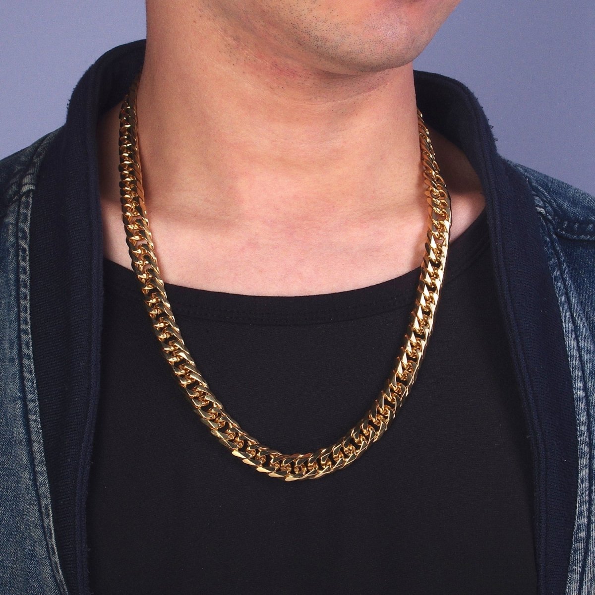 24.5 Inch Gold Cuban Curb Chain, Stainless Steel Heavy Flat Miami Cuban Curb for Men Necklace 8mm, 10mm, 12mm | WA-1717 to WA-1718 Clearance Pricing