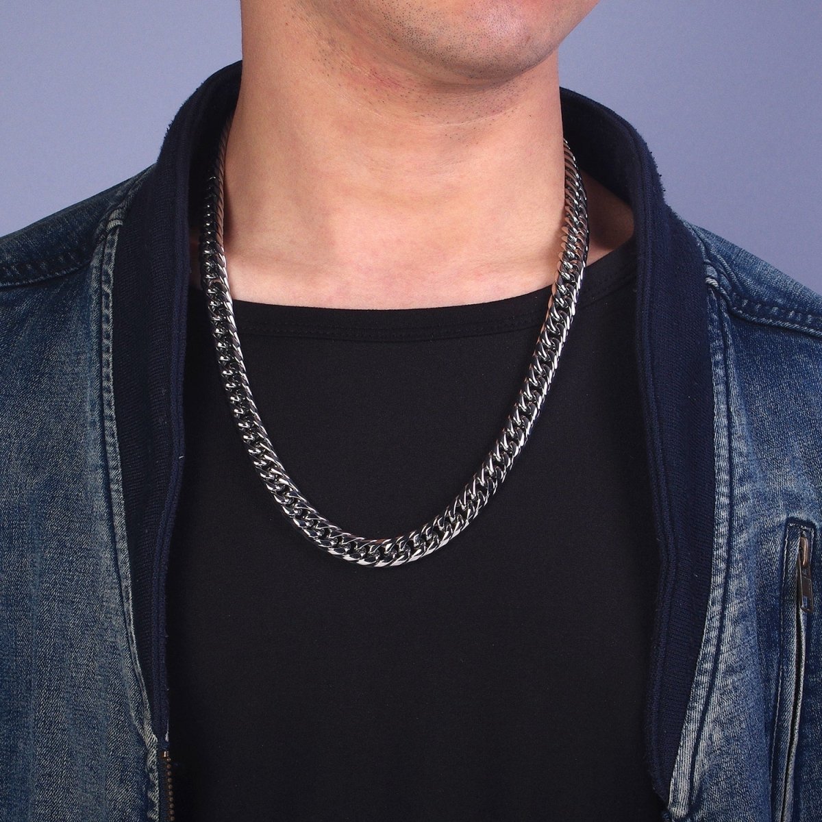 24.5 Inch Silver Cuban Curb Chain, Stainless Steel Heavy Flat Miami Cuban Curb for Men Necklace 8mm, 10mm, 12mm | WA-1723 WA-1724 WA-1725 Clearance Pricing