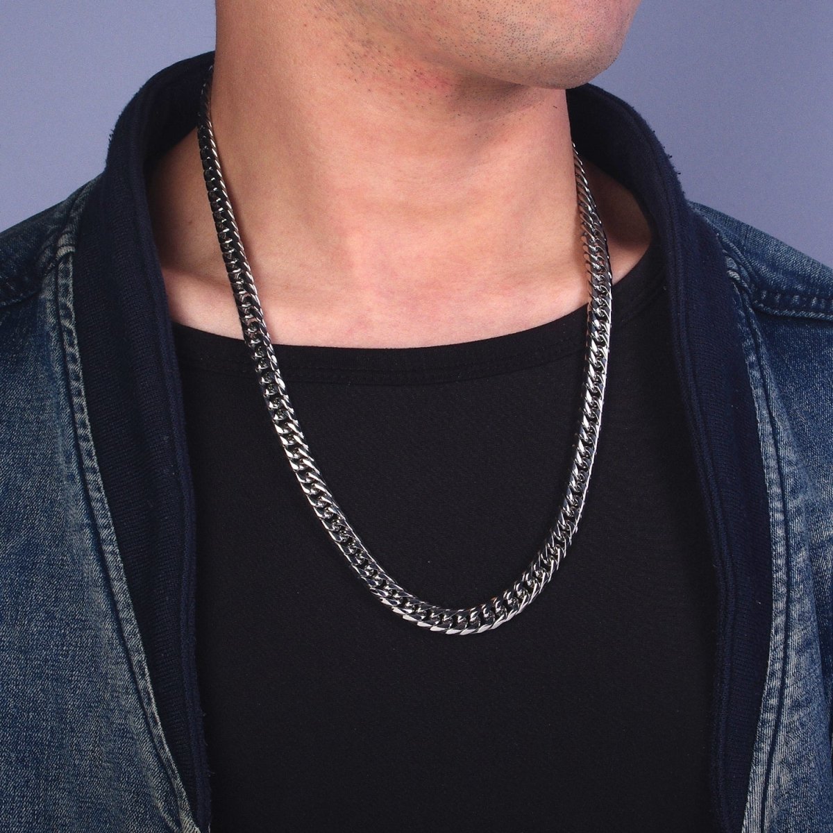 24.5 Inch Silver Cuban Curb Chain, Stainless Steel Heavy Flat Miami Cuban Curb for Men Necklace 8mm, 10mm, 12mm | WA-1723 WA-1724 WA-1725 Clearance Pricing