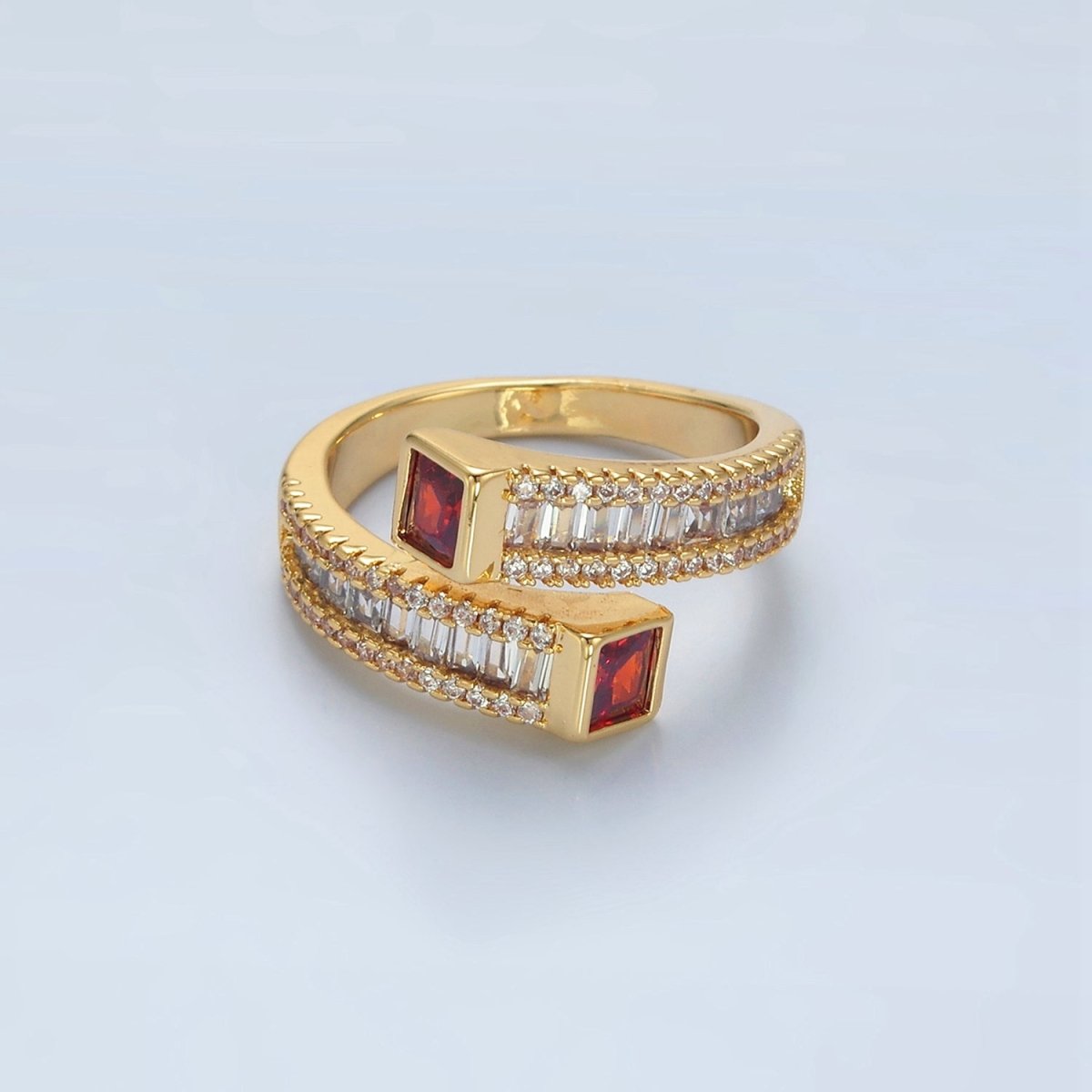 24K God Filled Red, Green CZ Baguette Micro Paved Wrap Ring | U349 U366
