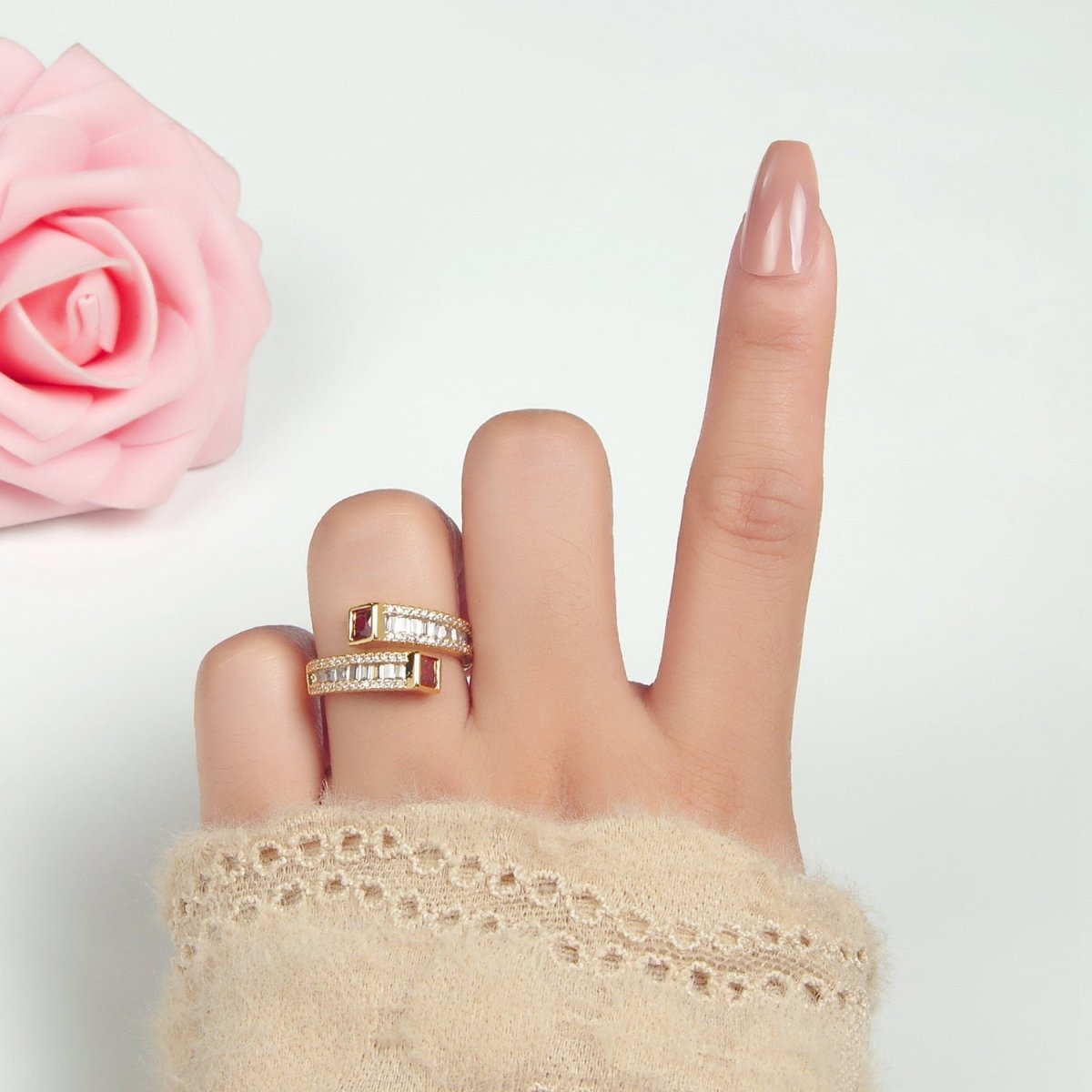 24K God Filled Red, Green CZ Baguette Micro Paved Wrap Ring | U349 U366