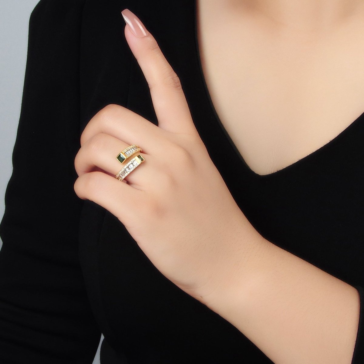 24K God Filled Red, Green CZ Baguette Micro Paved Wrap Ring | U349 U366