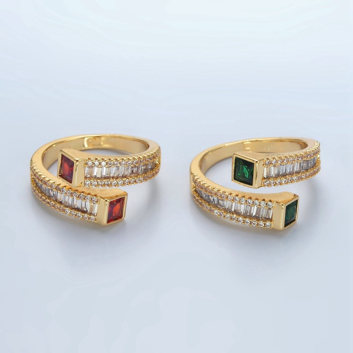 24K God Filled Red, Green CZ Baguette Micro Paved Wrap Ring | U349 U366