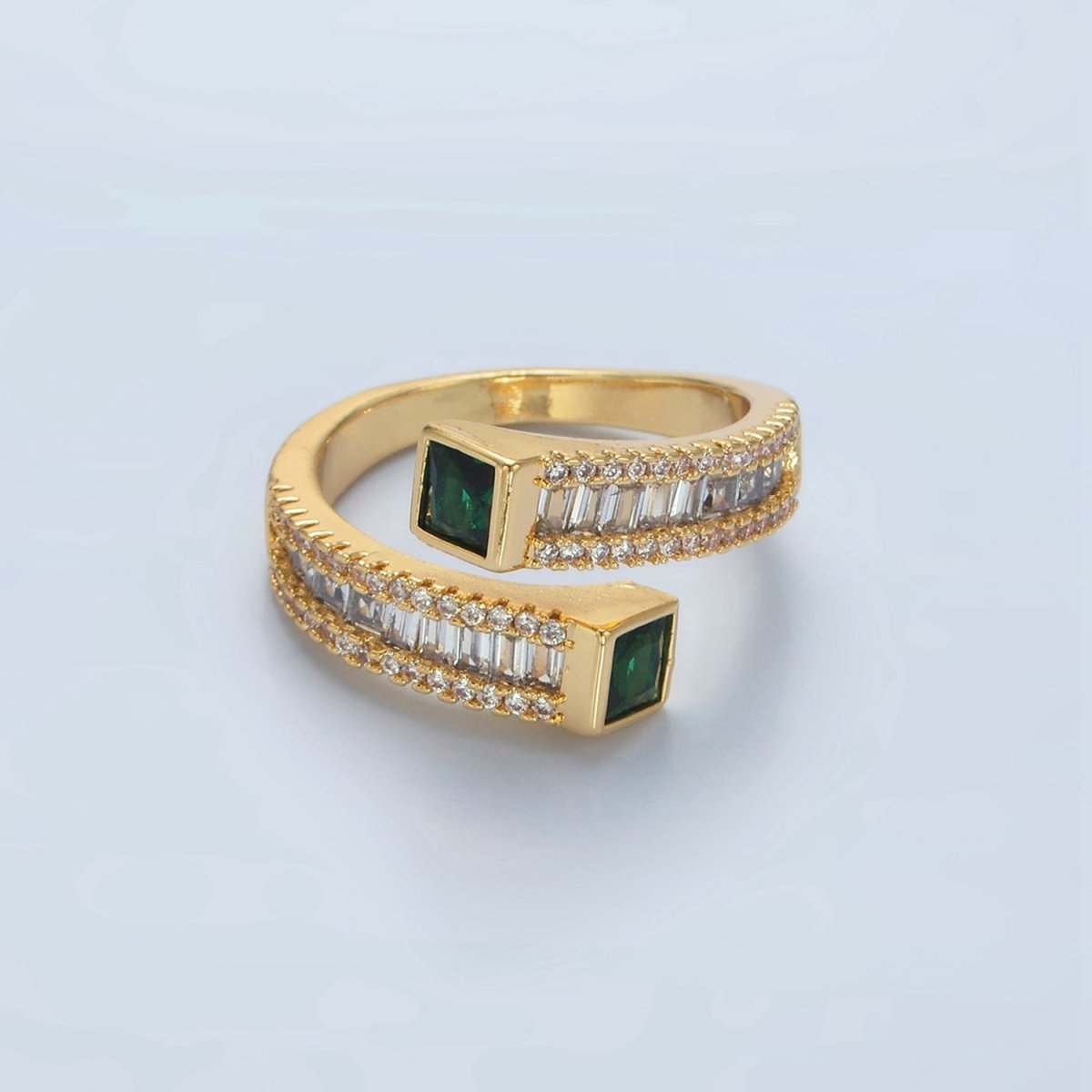 24K God Filled Red, Green CZ Baguette Micro Paved Wrap Ring | U349 U366