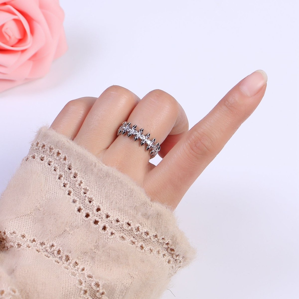 24K Gold Diamond Cubic Zirconia Spikes Multi-Row Ring in Gold & Silver, Adjustable Stud Ring S-352 S-353