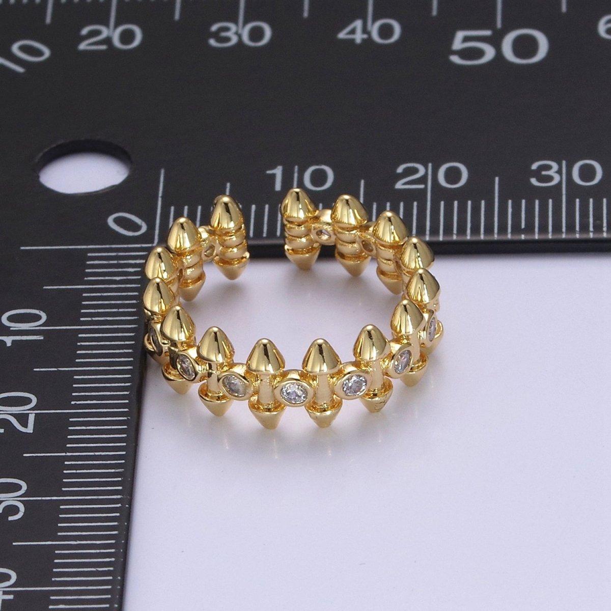 24K Gold Diamond Cubic Zirconia Spikes Multi-Row Ring in Gold & Silver, Adjustable Stud Ring S-352 S-353