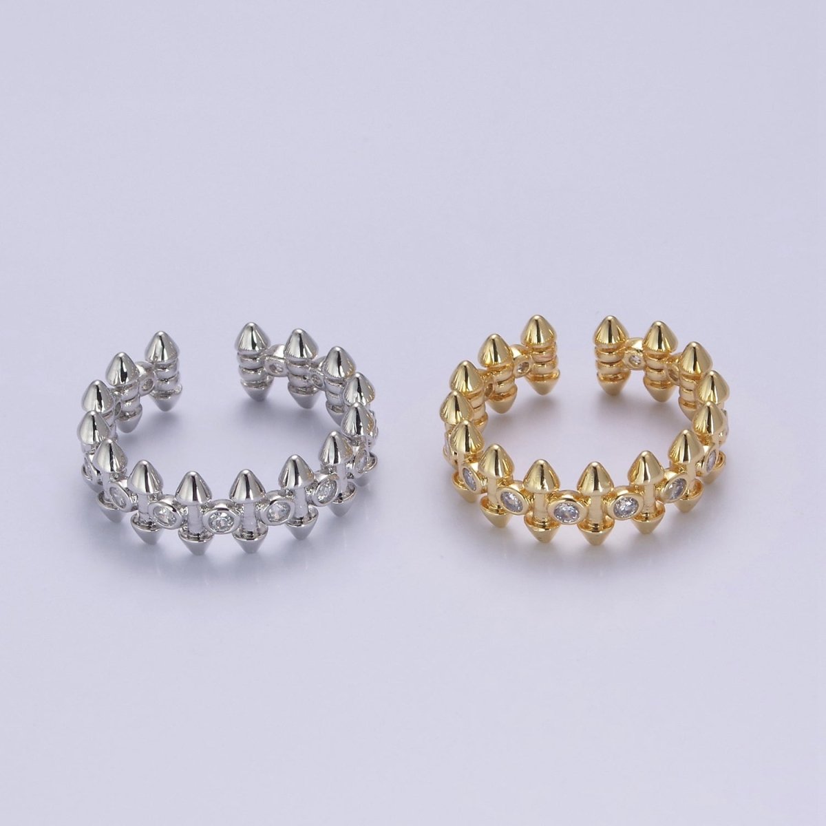 24K Gold Diamond Cubic Zirconia Spikes Multi-Row Ring in Gold & Silver, Adjustable Stud Ring S-352 S-353