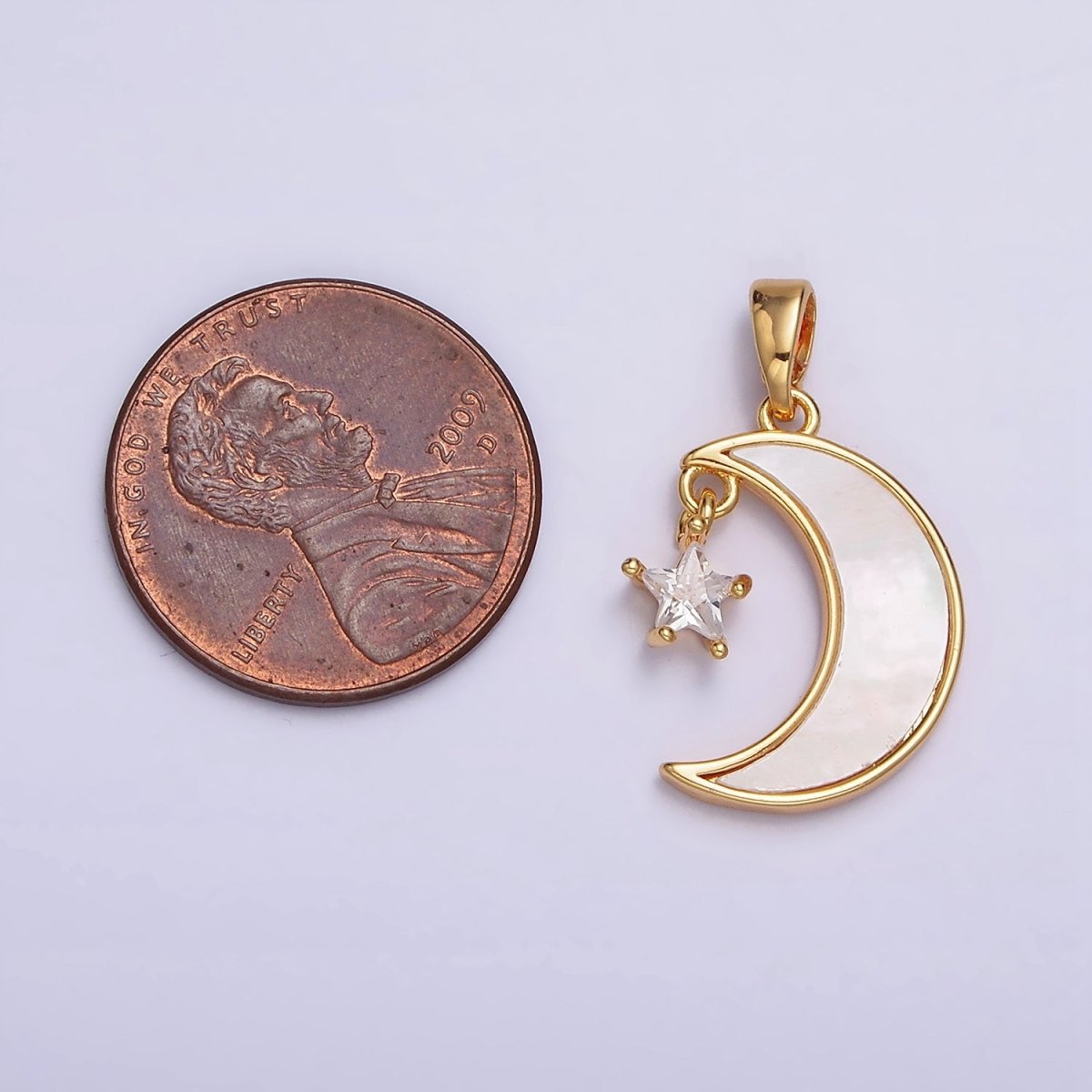 24K Gold Filed Celestial Crescent Moon Shell Pearl Star CZ Pendant | AA587 - DLUXCA