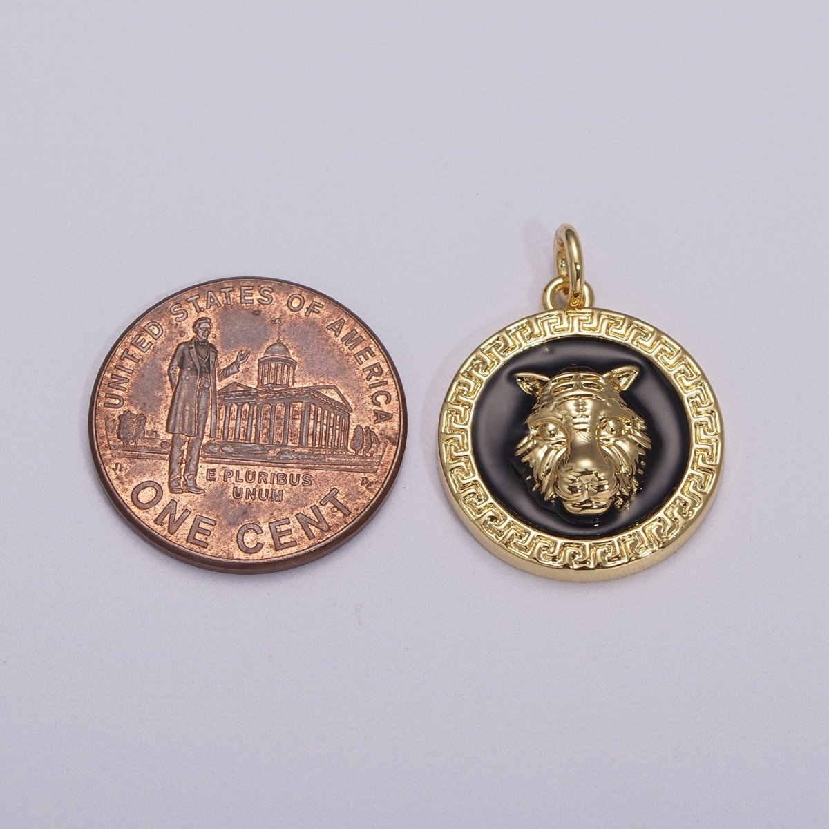 24k Gold Filed CZ Micro Pave Embossment Wolf Head On Round Coin Pendant Medallion Charm Cubic Zirconia M-904 M-905