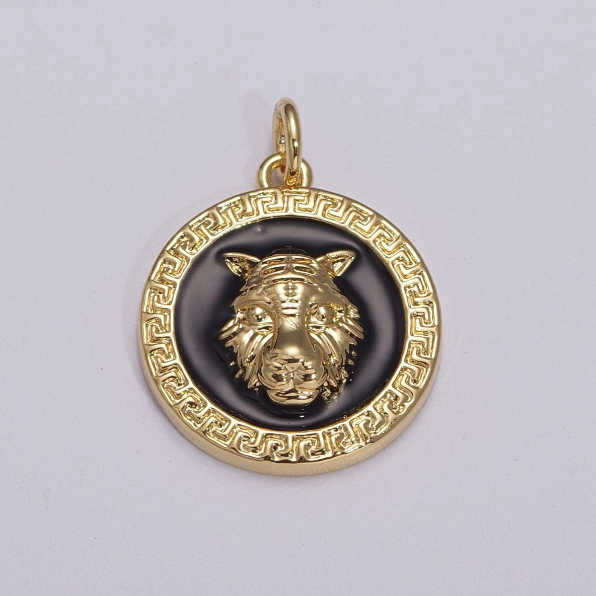 24k Gold Filed CZ Micro Pave Embossment Wolf Head On Round Coin Pendant Medallion Charm Cubic Zirconia M-904 M-905