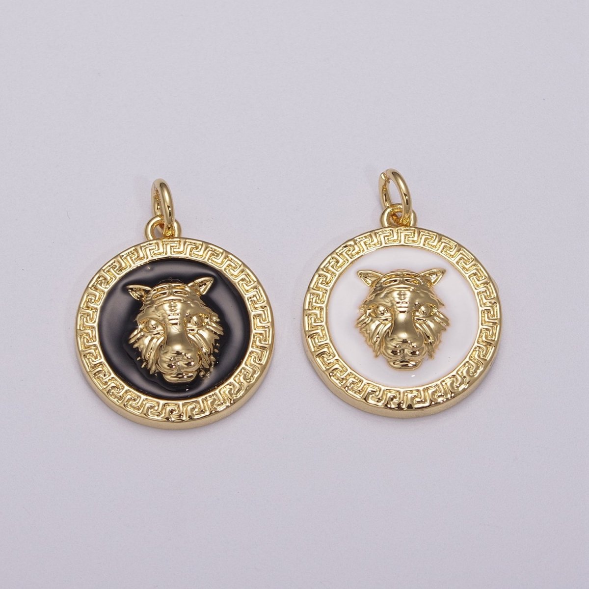 24k Gold Filed CZ Micro Pave Embossment Wolf Head On Round Coin Pendant Medallion Charm Cubic Zirconia M-904 M-905