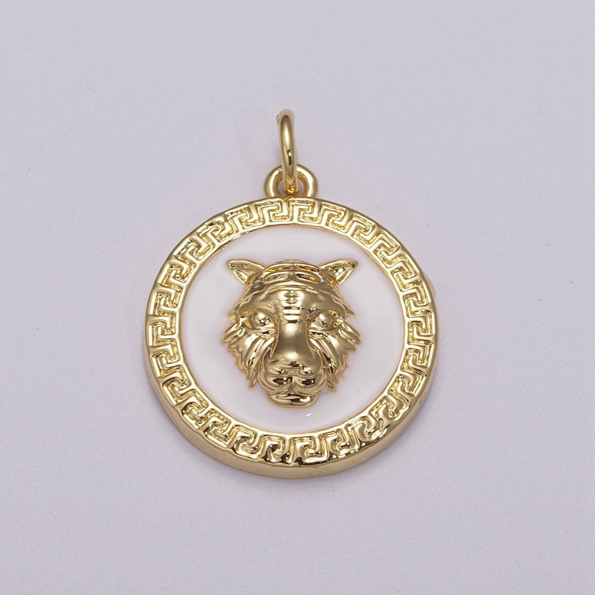 24k Gold Filed CZ Micro Pave Embossment Wolf Head On Round Coin Pendant Medallion Charm Cubic Zirconia M-904 M-905