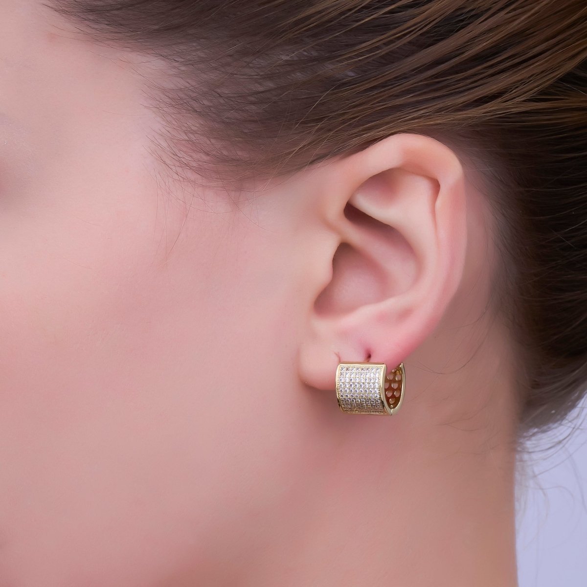 24K Gold Filled 10.5mm Wide Micro Paved Cartilage Huggie Earrings | T014 - DLUXCA