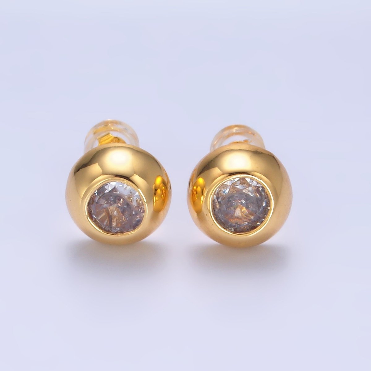 24K Gold Filled 10mm Clear CZ Bezel Round Stud Earrings in Gold & Silver | V230 V489