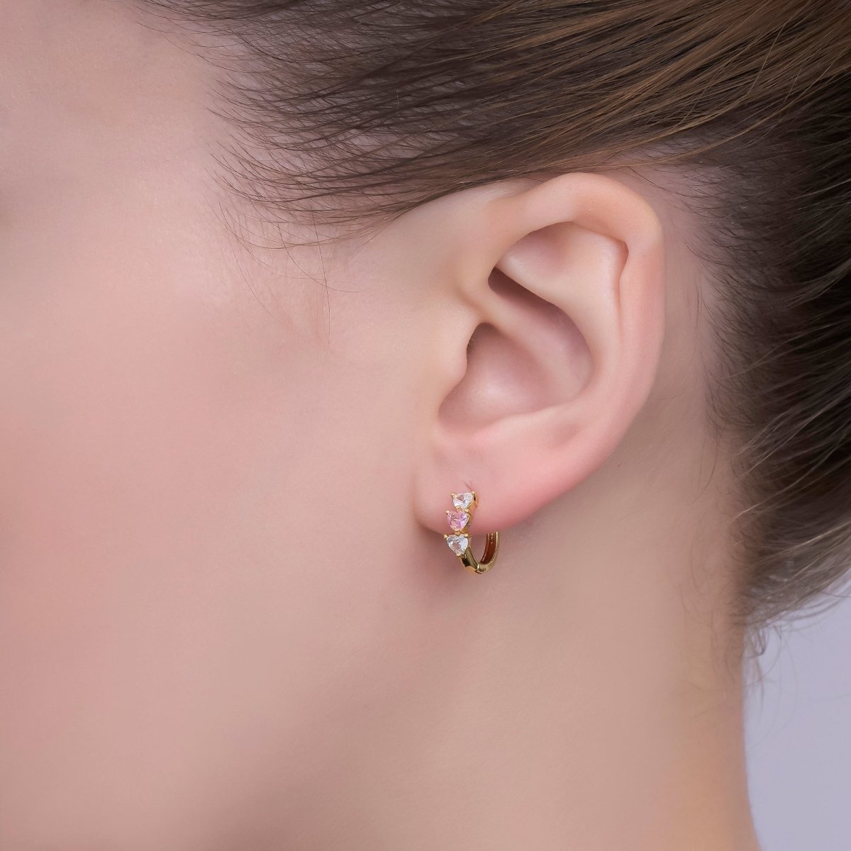 24K Gold Filled 11.5mm Clear Pink CZ Heart Cartilage Huggie Earrings | T294 - DLUXCA