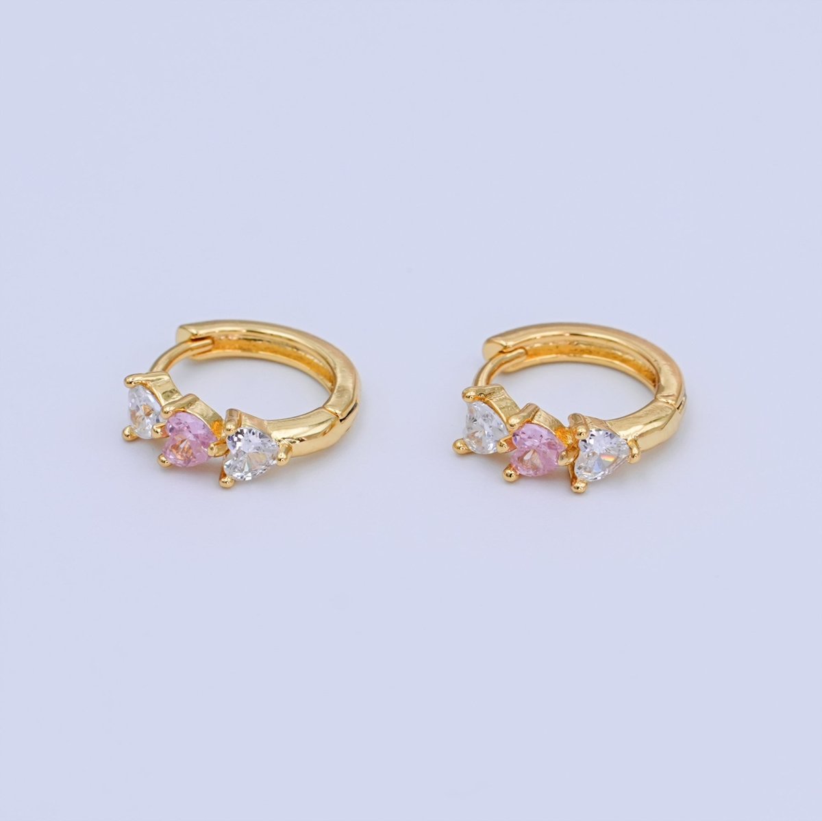 24K Gold Filled 11.5mm Clear Pink CZ Heart Cartilage Huggie Earrings | T294 - DLUXCA