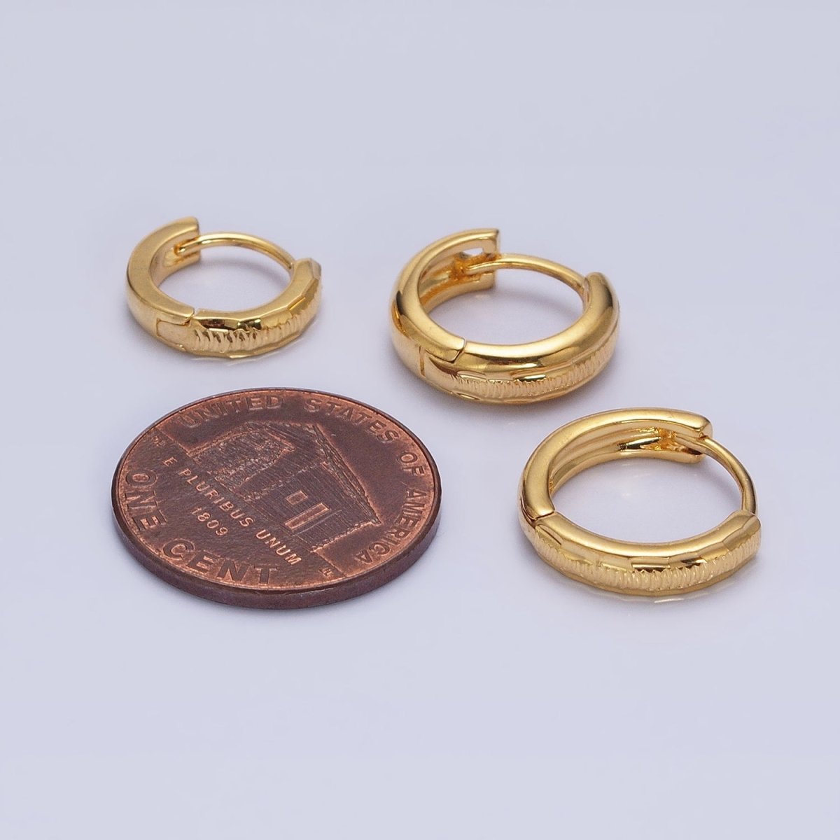 24K Gold Filled 11mm, 13mm, 14mm Edged Line Dented Huggie Hoop Earrings | AD1377 - AD1379