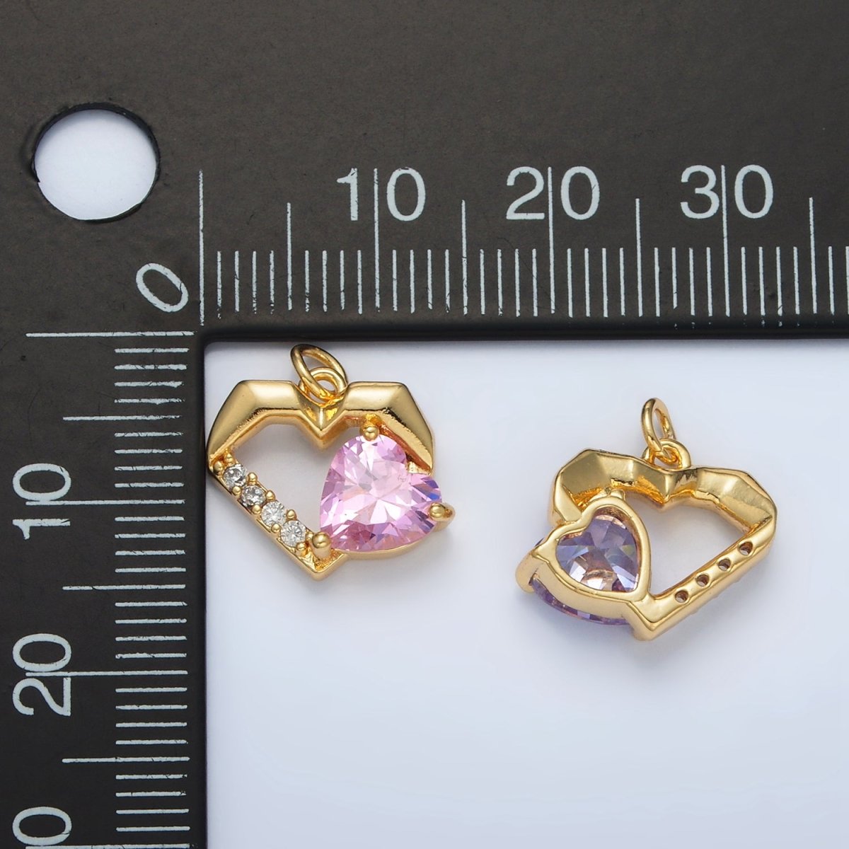 24K Gold Filled 12mm Clear, Red, Pink, Purple CZ Micro Paved Open Heart Charm | M013 - M014