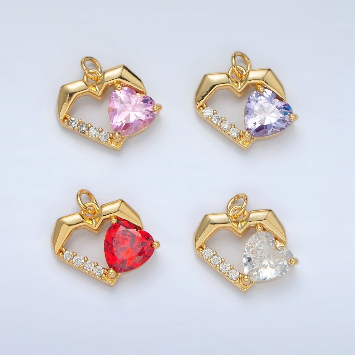 24K Gold Filled 12mm Clear, Red, Pink, Purple CZ Micro Paved Open Heart Charm | M013 - M014