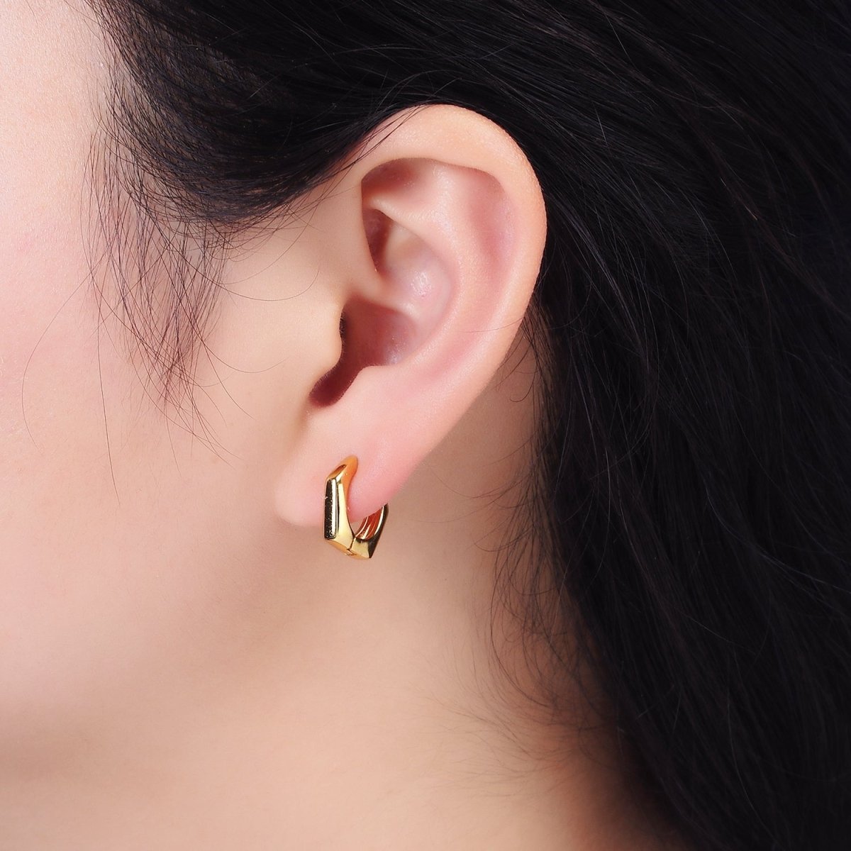 24K Gold Filled 13.5mm Rounded Hexagonal Huggie Earrings | AE810 - DLUXCA