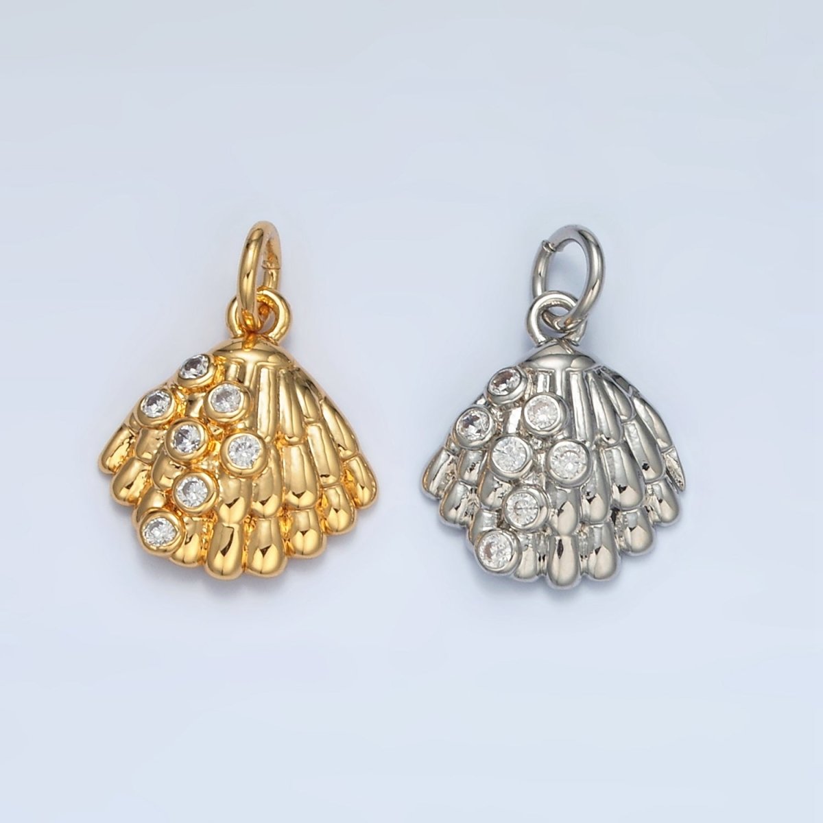 24K Gold Filled 15mm CZ Dotted Clam Sea Shell Charm in Gold & Silver | AG862