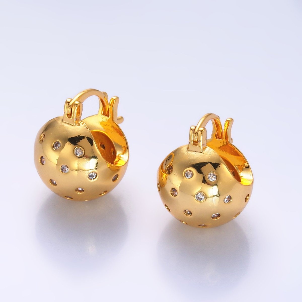 24K Gold Filled 15mm CZ Dotted Round Dome Latch Hoop Earrings | AB231 - DLUXCA