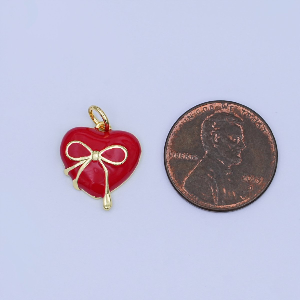 24K Gold Filled 15mm Ribbon Bow Heart Red Enamel Pendant | W523 - DLUXCA