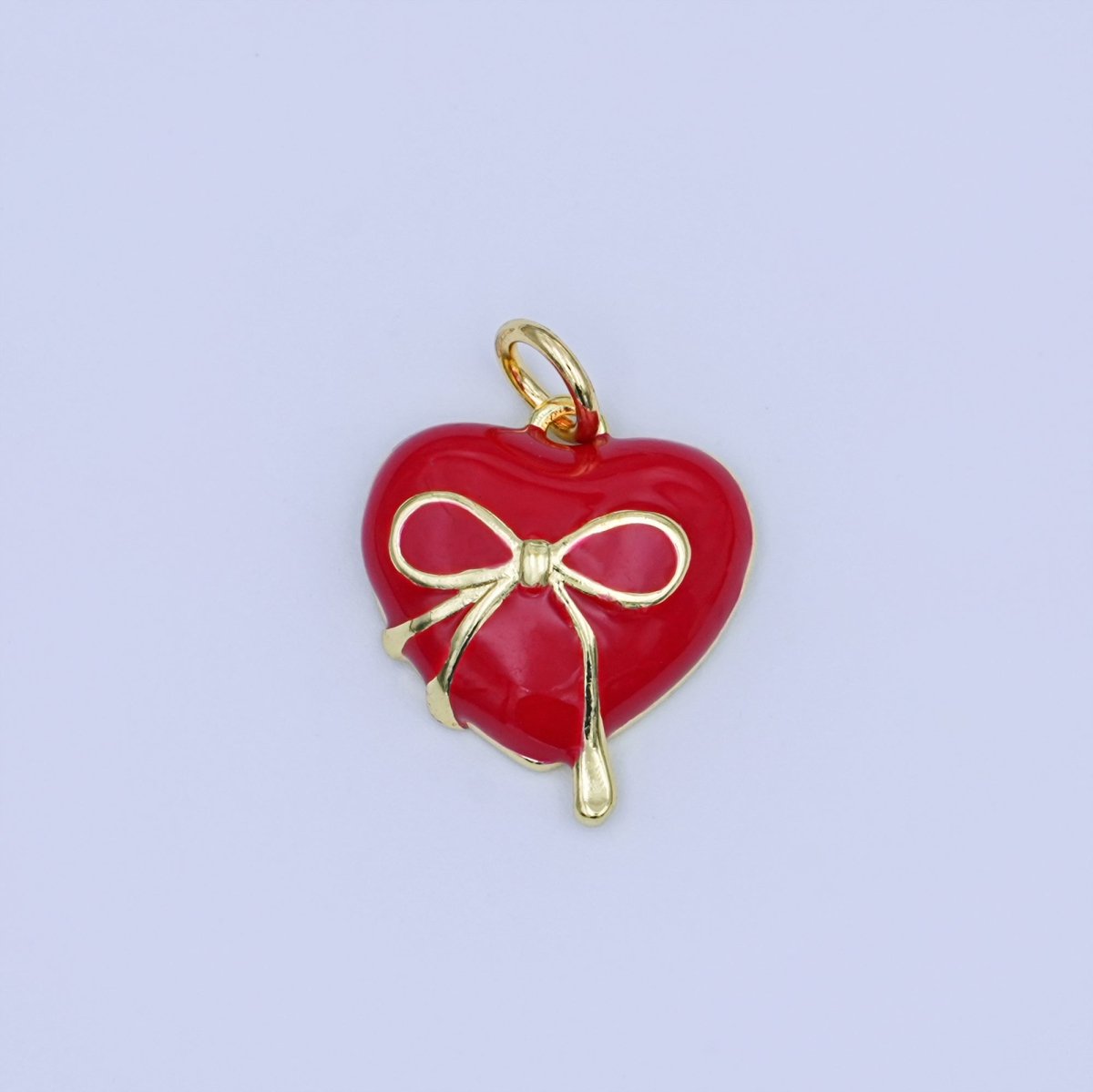 24K Gold Filled 15mm Ribbon Bow Heart Red Enamel Pendant | W523 - DLUXCA