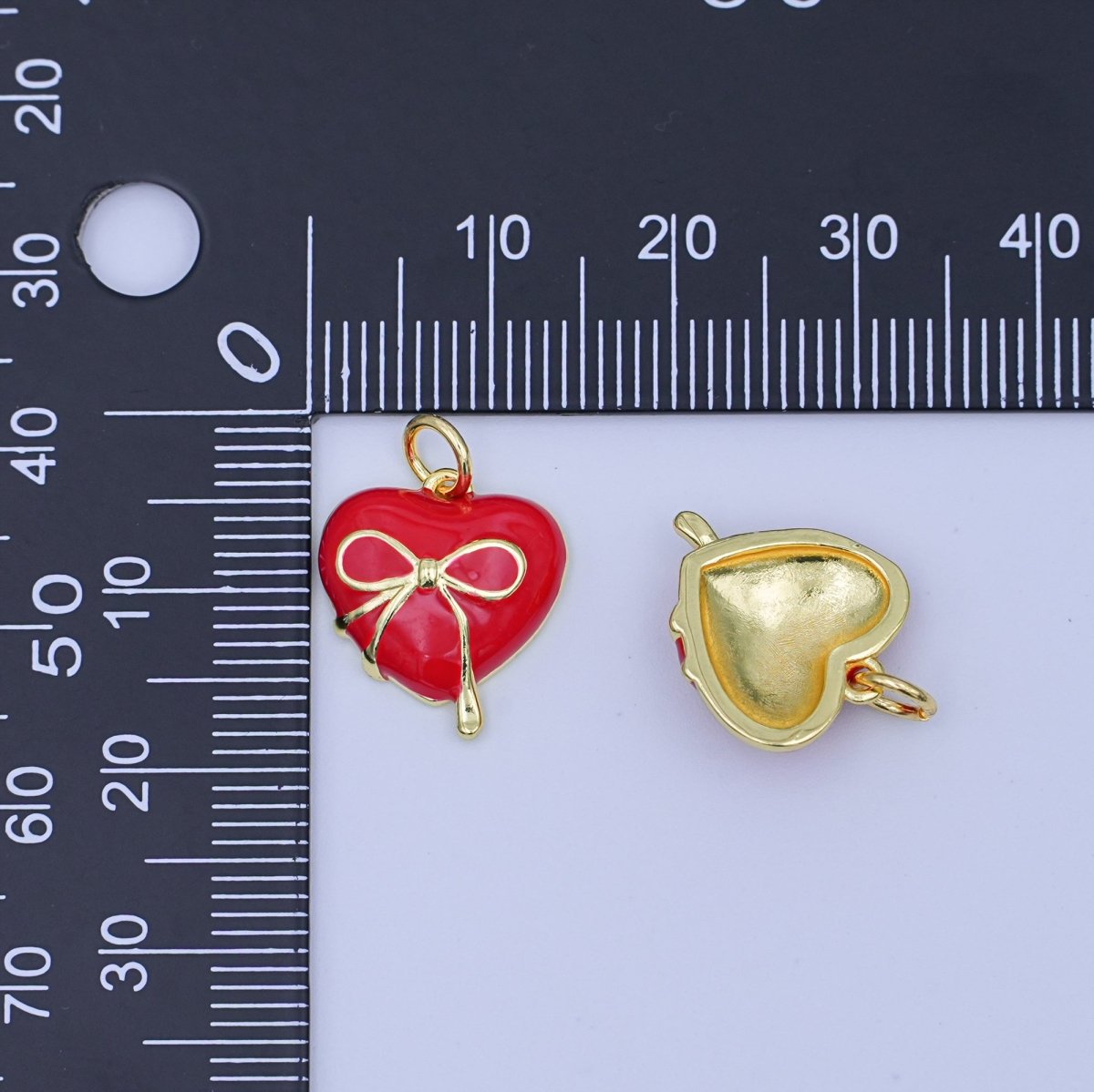 24K Gold Filled 15mm Ribbon Bow Heart Red Enamel Pendant | W523 - DLUXCA