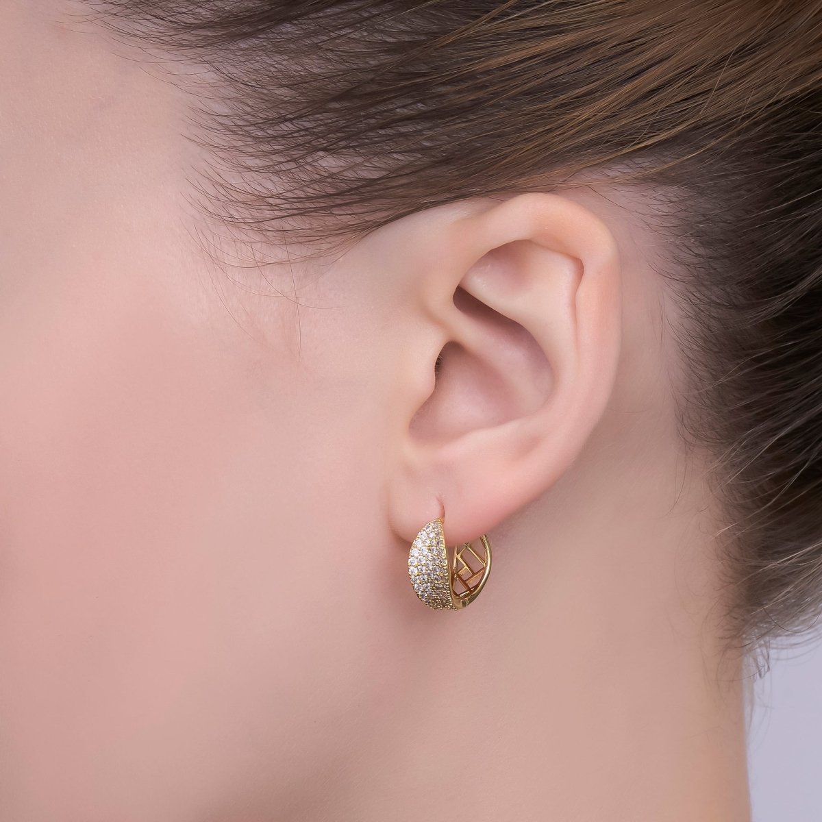 24K Gold Filled 15mm Wide Curved Micro Paved CZ Filigree Hoop Earrings | T256 - DLUXCA