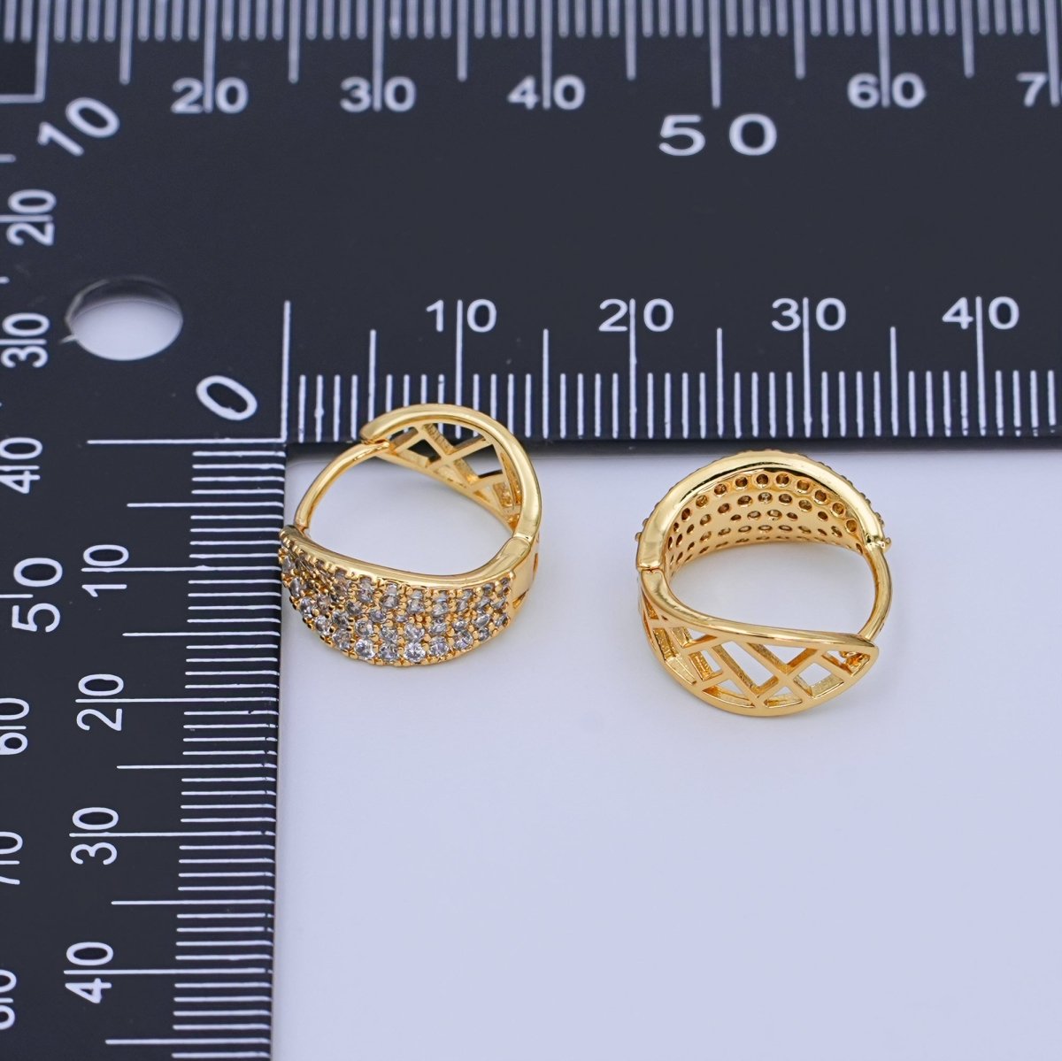 24K Gold Filled 15mm Wide Curved Micro Paved CZ Filigree Hoop Earrings | T256 - DLUXCA