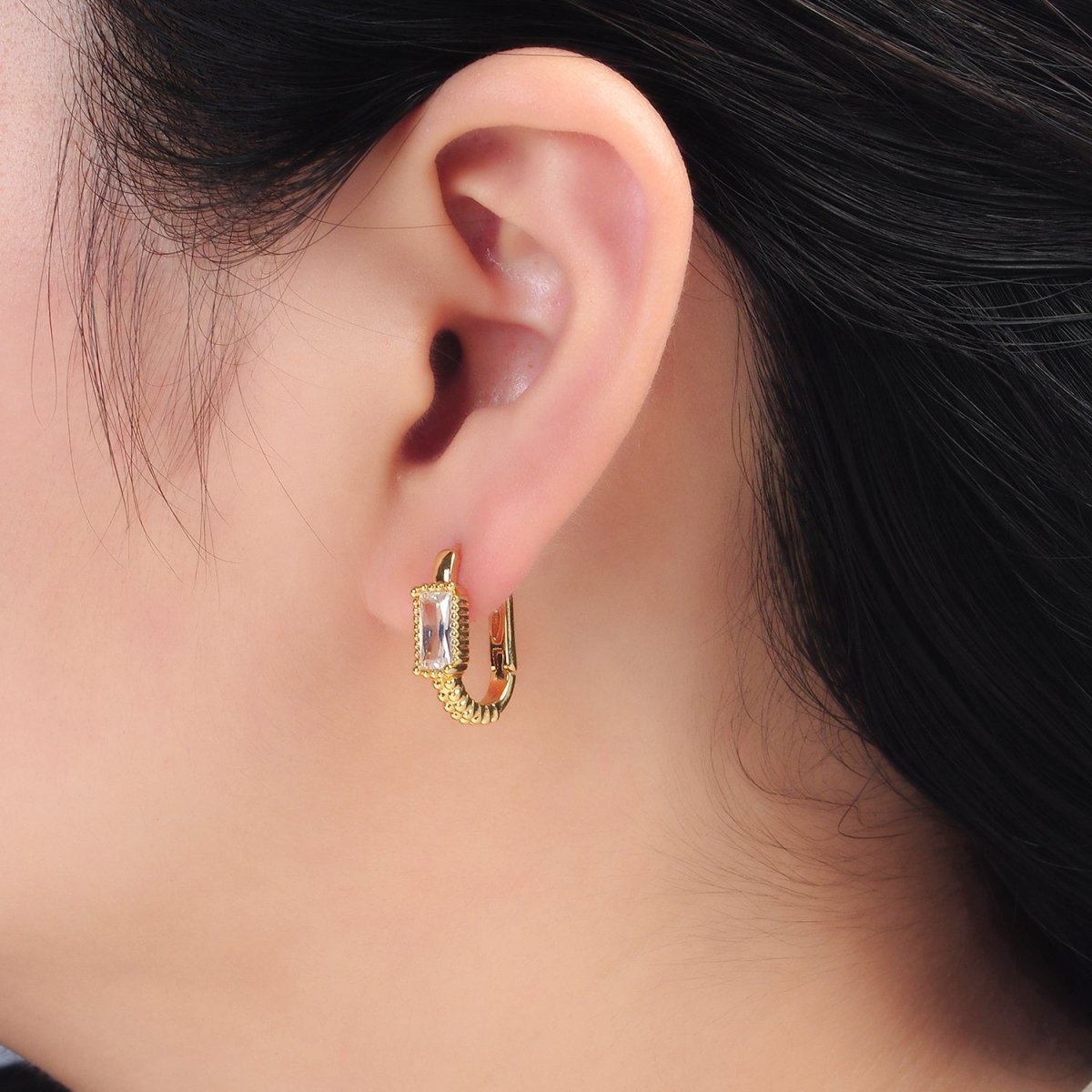 24K Gold Filled 18mm Baguette CZ Dotted Oblong Huggie Earrings | T093 - DLUXCA