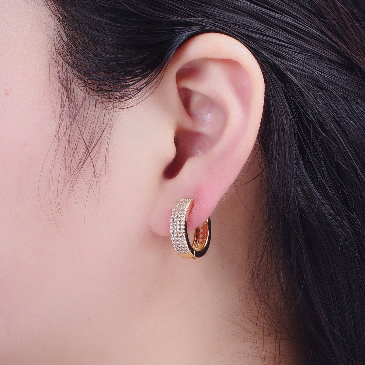 24K Gold Filled 18mm Micro Pave CZ Huggie Hoop Earrings T-031 - DLUXCA