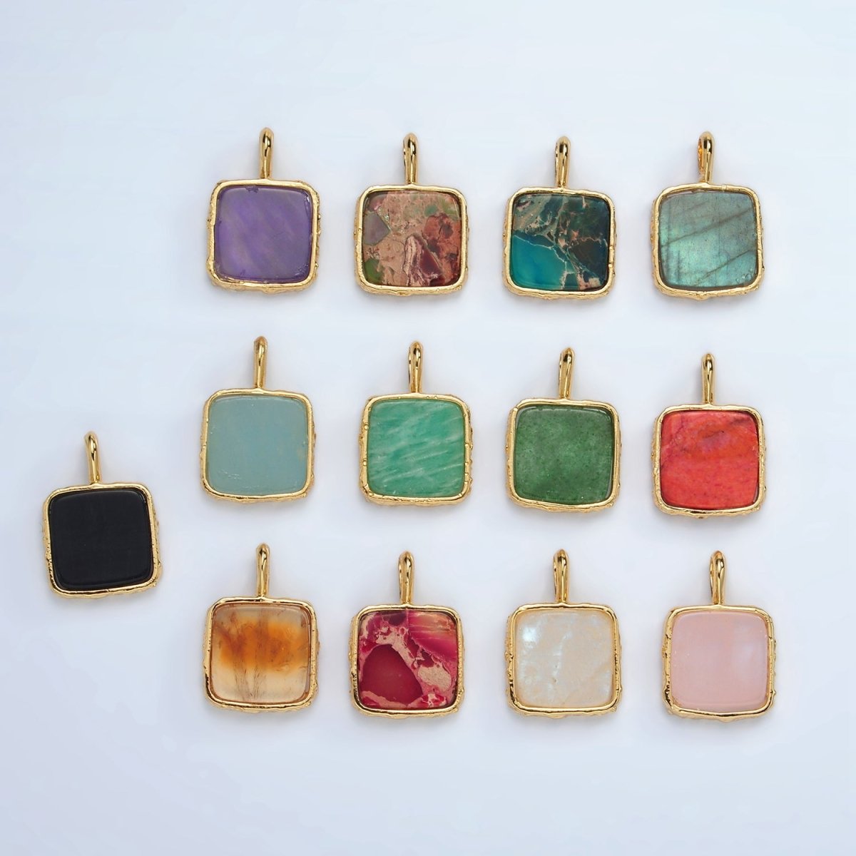 24K Gold Filled 18mm Square Natural Gemstone Foil Pendant | AA1358-AA1364