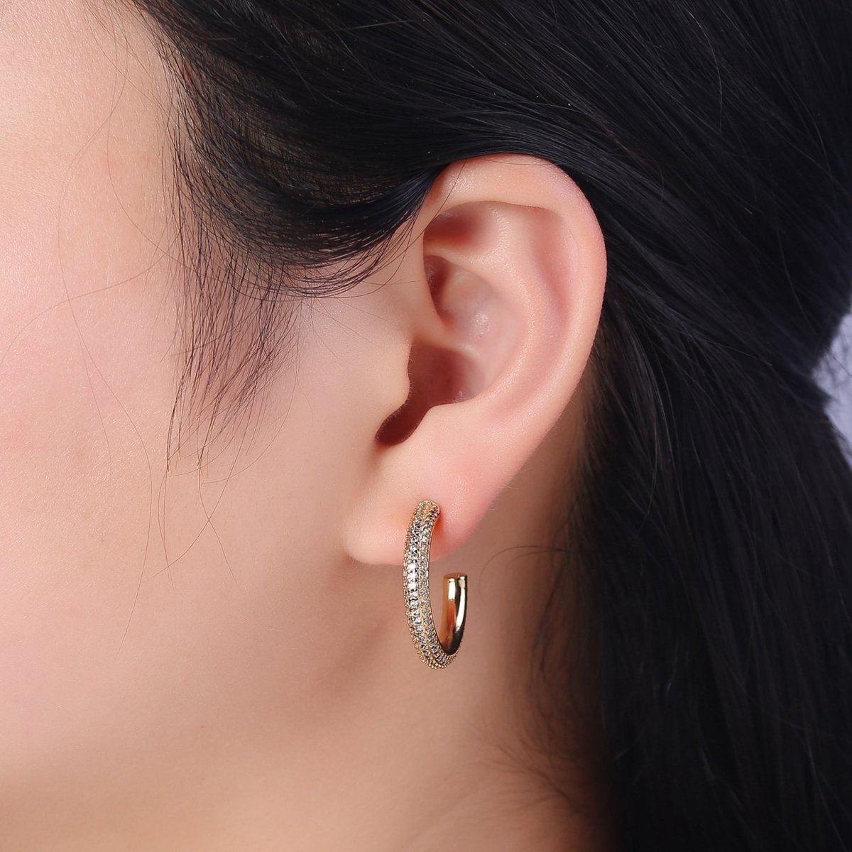 24K Gold Filled 20mm, 25mm, 35mm Clear CZ Micro Paved C Shaped Hoop Stud Earrings | V164 - V166