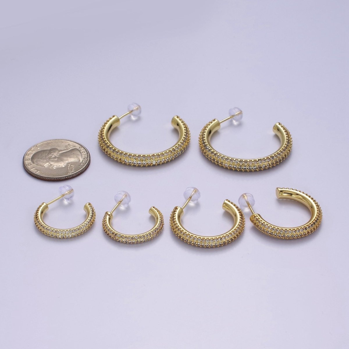 24K Gold Filled 20mm, 25mm, 35mm Clear CZ Micro Paved C Shaped Hoop Stud Earrings | V164 - V166