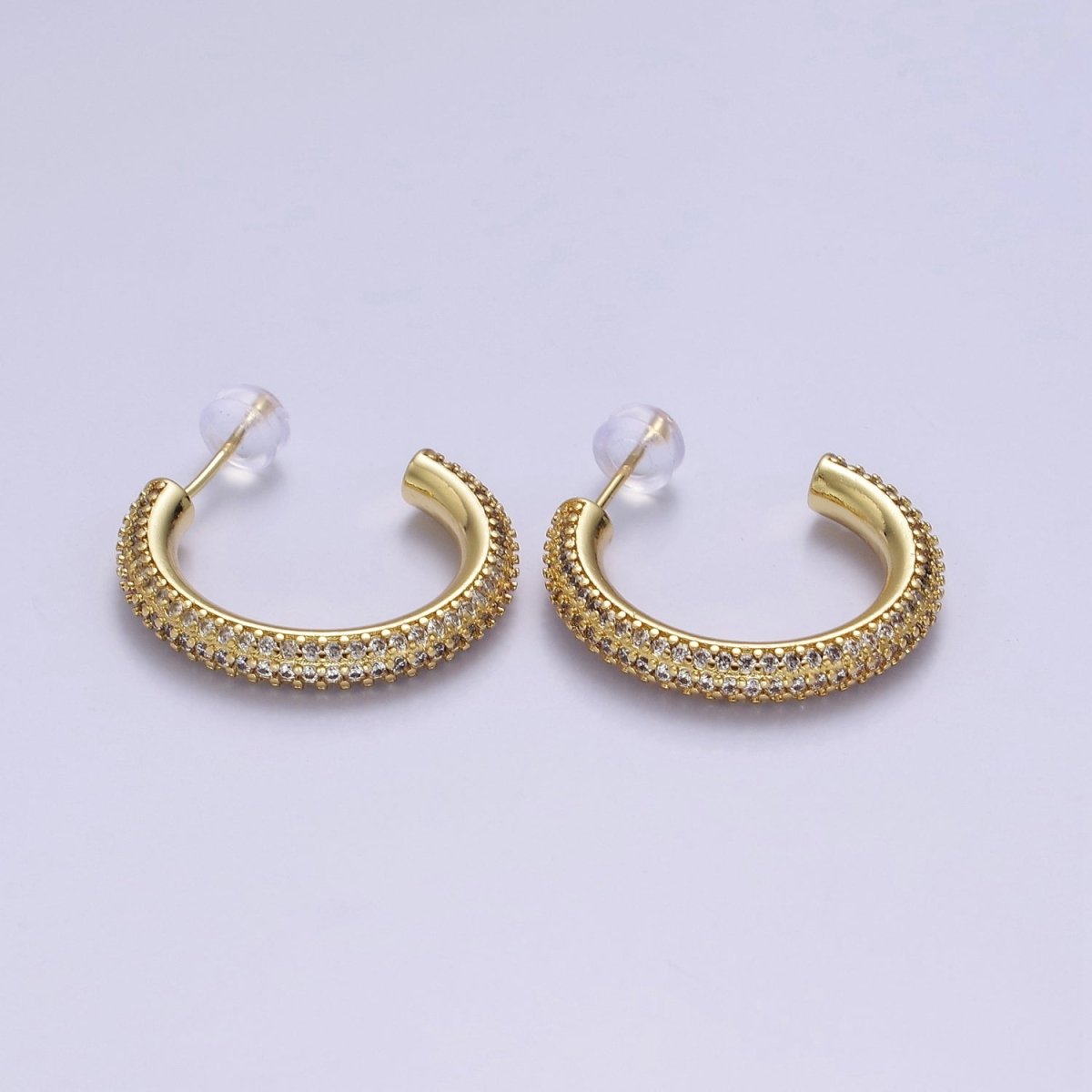 24K Gold Filled 20mm, 25mm, 35mm Clear CZ Micro Paved C Shaped Hoop Stud Earrings | V164 - V166