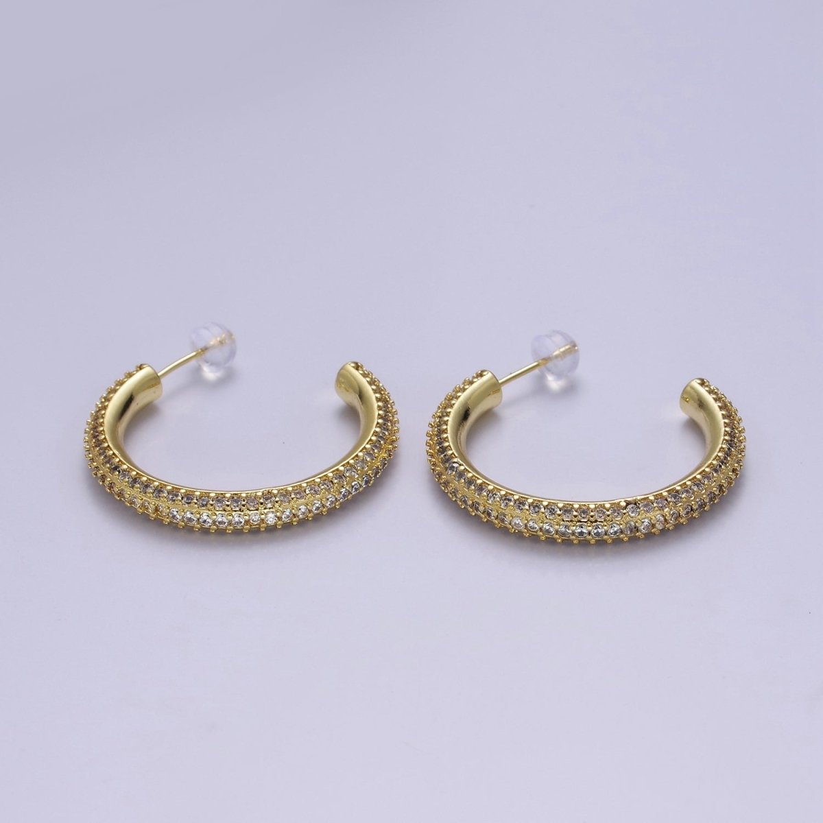 24K Gold Filled 20mm, 25mm, 35mm Clear CZ Micro Paved C Shaped Hoop Stud Earrings | V164 - V166