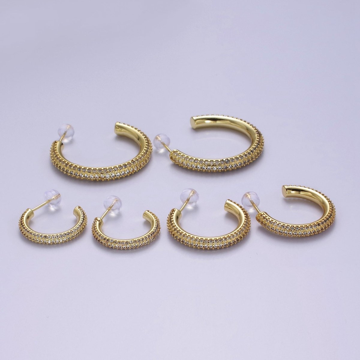 24K Gold Filled 20mm, 25mm, 35mm Clear CZ Micro Paved C Shaped Hoop Stud Earrings | V164 - V166