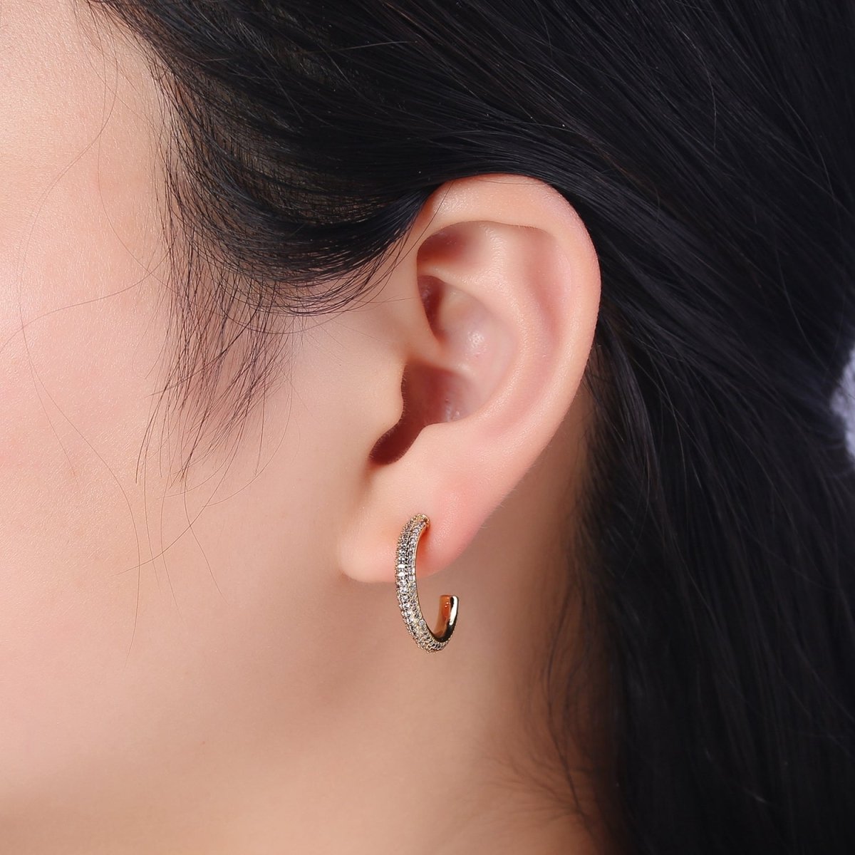 24K Gold Filled 20mm, 25mm, 35mm Clear CZ Micro Paved C Shaped Hoop Stud Earrings | V164 - V166