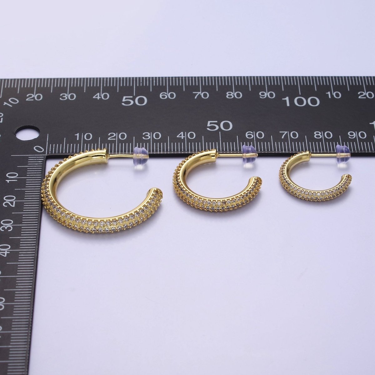 24K Gold Filled 20mm, 25mm, 35mm Clear CZ Micro Paved C Shaped Hoop Stud Earrings | V164 - V166