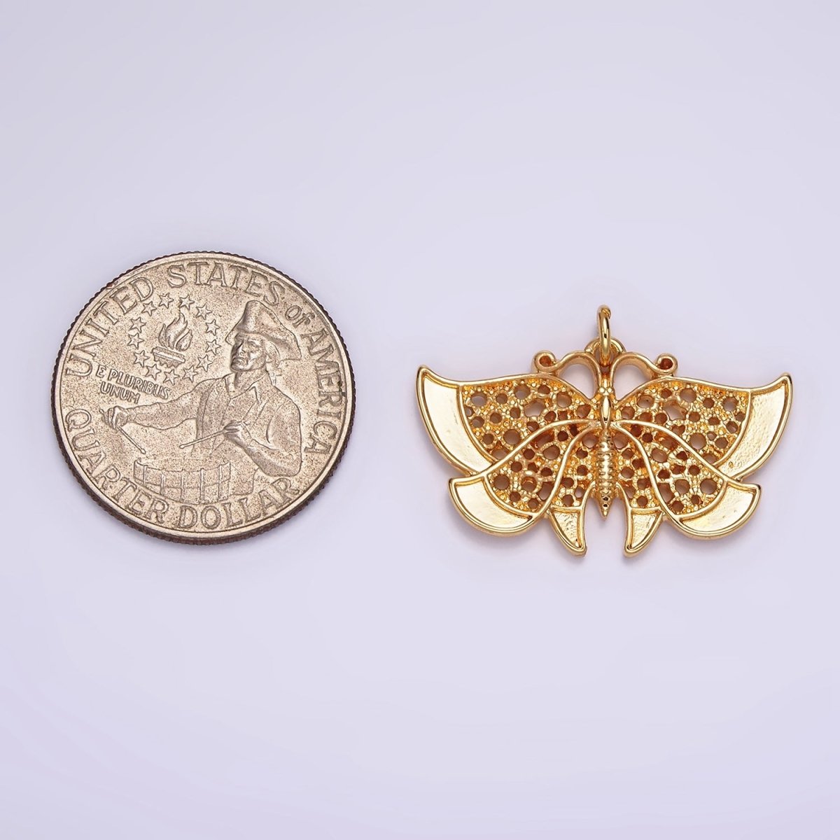 24K Gold Filled 20mm Antenna Butterfly Open Round Dotted Wings Insect Animal Charm | AC863 - DLUXCA