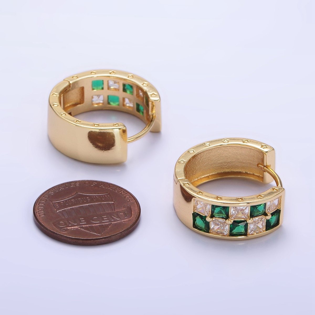 24K Gold Filled 20mm Black, Green Checkered CZ Huggie Hoop Earrings | P524