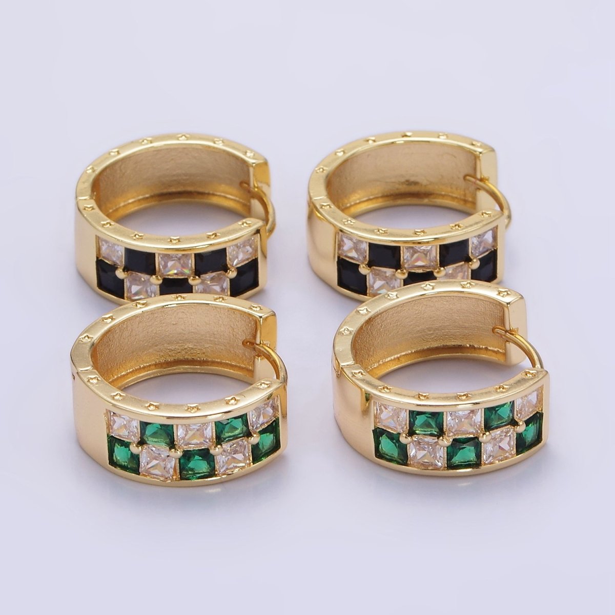 24K Gold Filled 20mm Black, Green Checkered CZ Huggie Hoop Earrings | P524